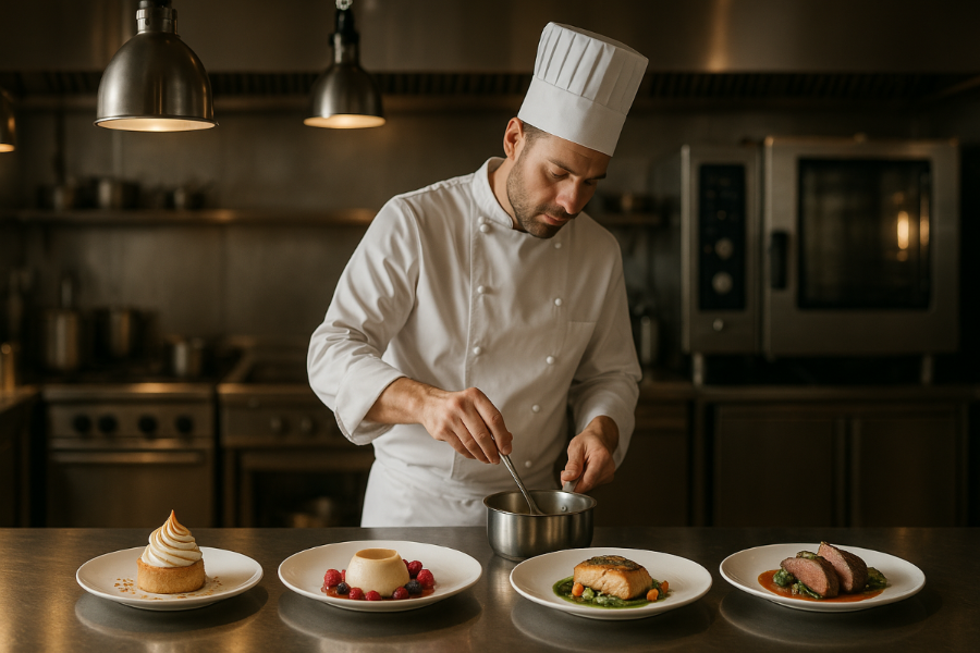 Professional hotel kitchen scene with a chef in white uniform working at a stainless steel station, elegant plated dishes in foreground showcasing both pastry and savory skills, warm professional lighting, modern commercial kitchen equipment in background, sophisticated and clean composition suitable for a professional chef's website hero banner